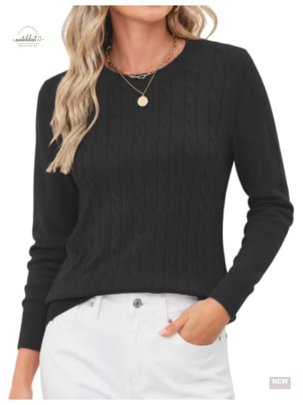 Women's Contrast Trim Cable Knit Crew Neck Pullover Sweater